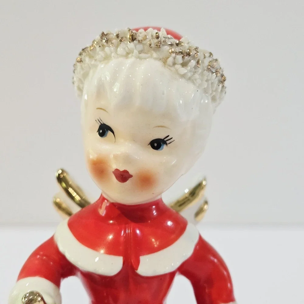 Vintage 1956 NAPCO Spaghetti Trim Christmas Gold Bells Bell Angel Red Dress